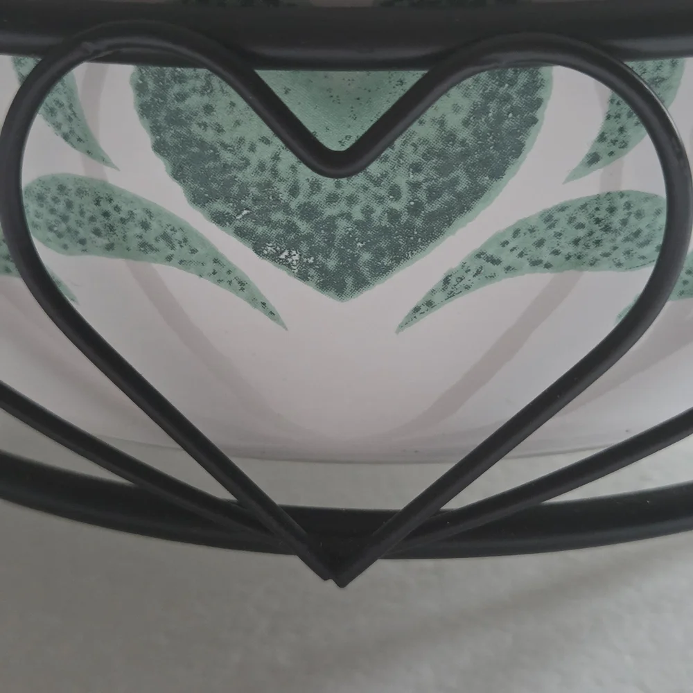 Vintage Green & White Heavy Farmhouse Style Heart Ceramic Casserole w/ Stand